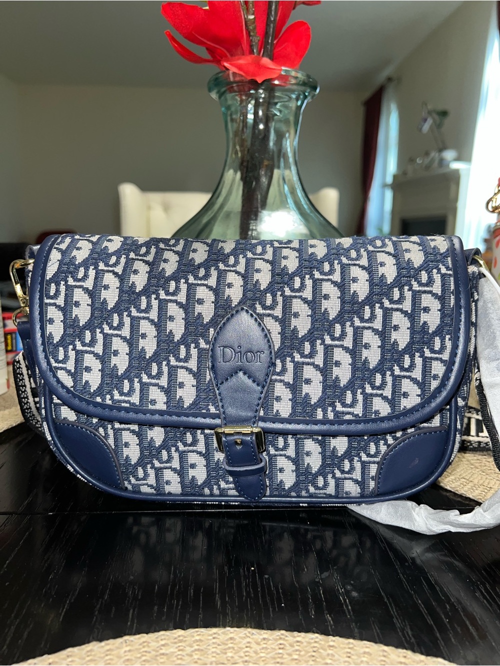 Blue Oblique Jacquard Crossbody Saddle Bag